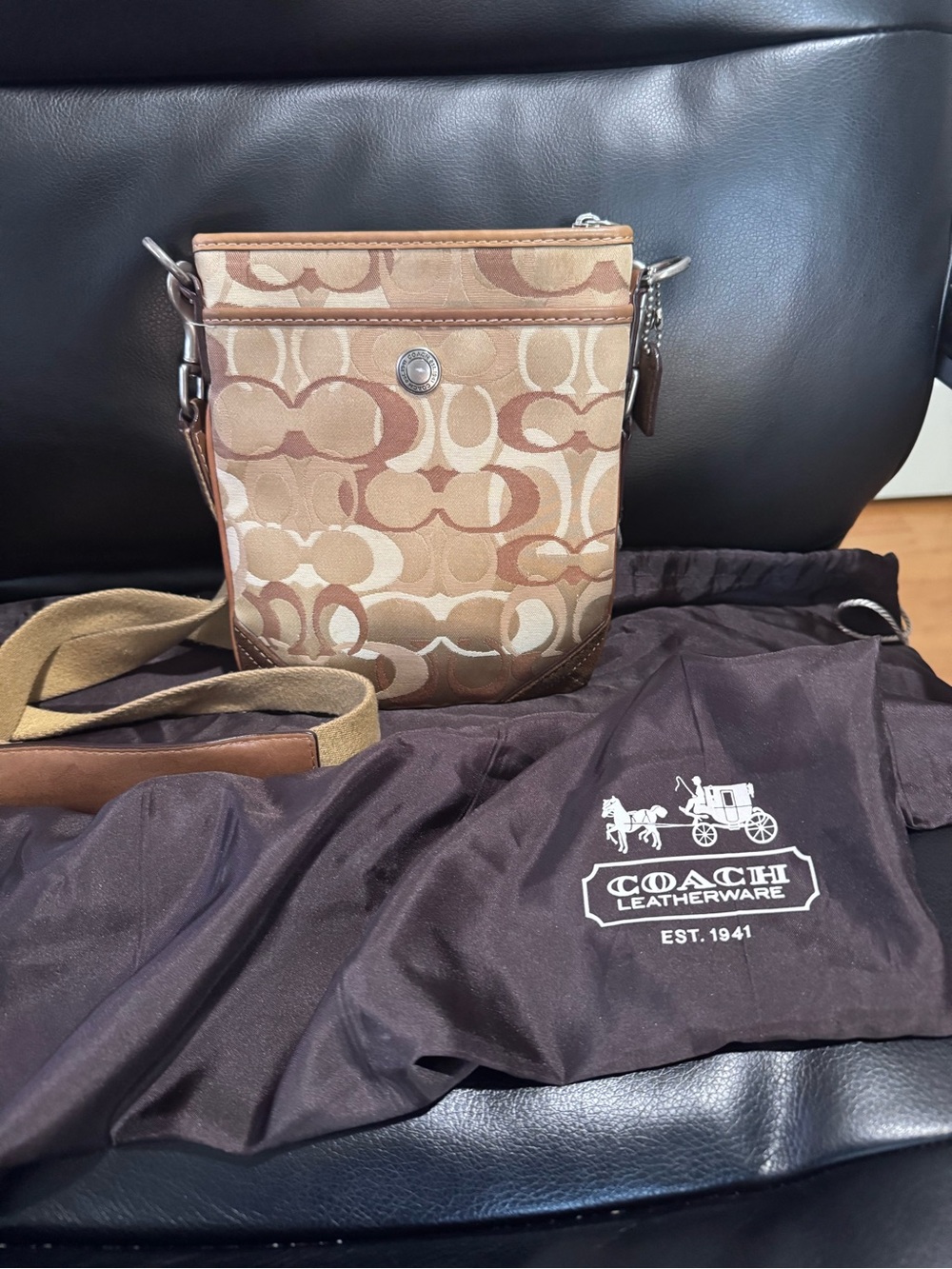 Coach Signature Jacquard Crossbody Bag Tan Brown + Dust Bag